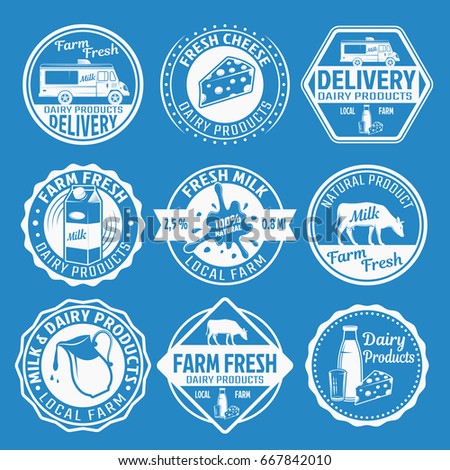 Milk monochrome emblems set with cow packaging delivery of dairy products on blue background isolated vector illustration