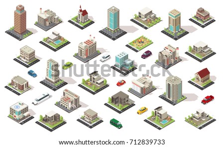 Isometric city elements collection with living and municipal buildings suburban houses children playground transport isolated vector illustration