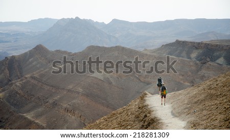 NEGEV DESERT, ISRAEL - APRIL: Two hikers from Europe walking in Negev Desert on April, 2013 in Negev Desert, Israel.