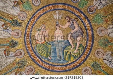 Ravenna,Italy - CIRCA AUGUST, 2013 - 1500 years old Byzantine mosaics of the Arian baptistery. The baptistery is one of the eight structures in Ravenna registered as UNESCO World Heritage Sites.
