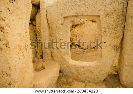 Hagar Qim ,MALTA -CIRCA OCTOBER, 2015-  Hagar Qim - megalithic temple complex found on the Mediterranean Island of Malta, dating from 3600-3200 BC, included in UNESCO Heritage Site.