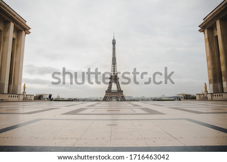 Eiffel Tower and Place du Trocadero during coronavirus lockdown in Paris - Ghost City After a Lockdown - Empty streets in the centre of Paris due the lockdown because of the coronavirus