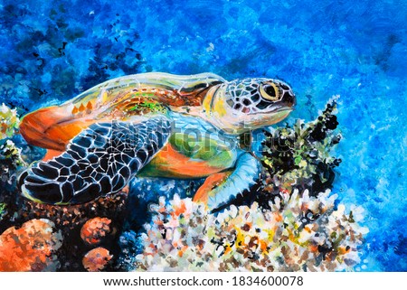 The hawk-beak sea turtle swims among the corrals. Oil painting