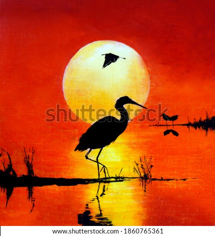 Sunset over the reservoir. Silhouette of a heron and ducks. Oil painting