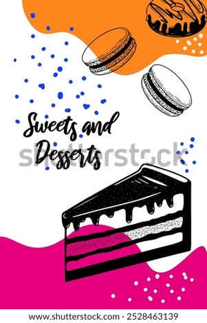 Desserts menu or banner design template. Sketch hand drawn cake, donut, macaron. Background for cafe marketing, menu, restaurant