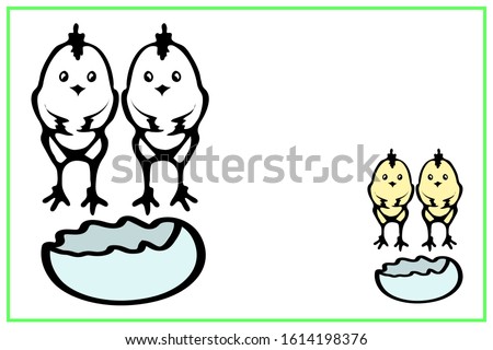Coloring book page  for little preschoolers. Outline drawing of 2 chickens of twin twins just emerged from an egg. Newborn. An example of coloring in smaller sizes.  Vector