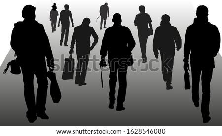 Vector silhouettes of people walking forward, men, back view, crowd of pedestrians, in warm clothes, summer, different time of the year. Sumy buyers, tourists with cameras, businessmen with briefcase.