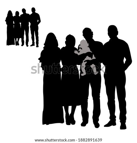 Vector black silhouettes of two women girlfriends and a couple of men, father carries a baby in his arms, girls in headscarves, slim figures, married couples together, long dress and hijab