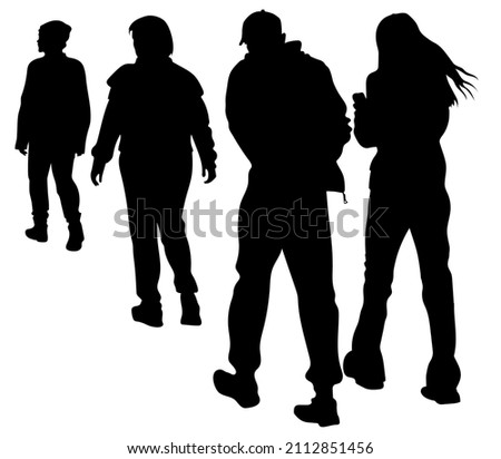Vector silhouettes of a group of fellow travelers, go in the same direction, go away, back view. A man and a woman walk side by side, the girl looks at the phone. 2 people walk in front of each other