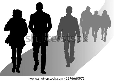 Six vector male and female silhouettes walk past each other. A couple of a girl and a man are talking. A group of people 3 people go into the distance. The lone guy goes ahead.