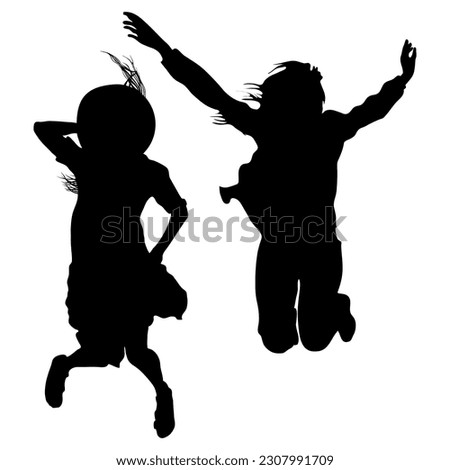 
Women's silhouettes two girls jumped high, joy, jubilation. Black on white background