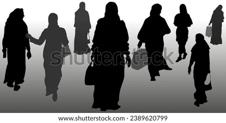 Silhouettes of women in hijabs with a phone and bags in their hands, 8 figures, walking towards each other. Vector illustration.