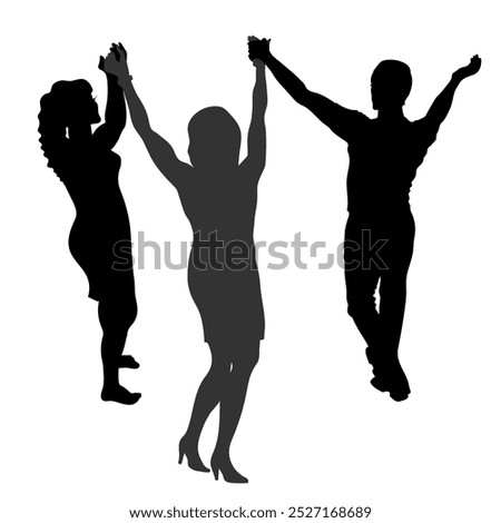 Silhouettes of two women and a man, view from behind, standing holding hands and raising their arms up, white background