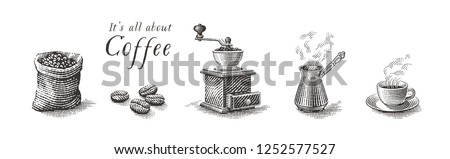 Turkish cezve pot, cup of hot drink, coffee beans, grinder and coffee sack bag. Coffee set. Hand drawn engraving vintage style illustrations.
