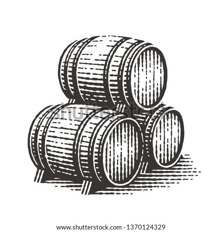 Wood barrels. Hand drawn engraving style illustrations. 