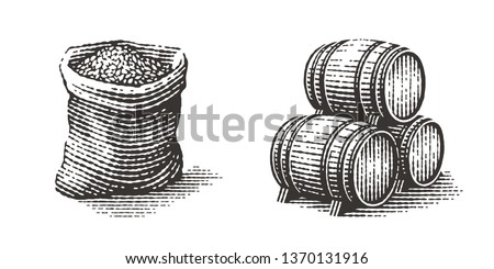 Malt in burlap bag and wood barrels. Hand drawn engraving style illustrations.