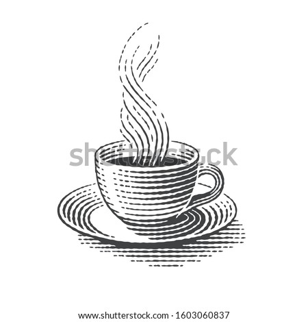 Cup of hot drink. Hand drawn engraving style illustrations.