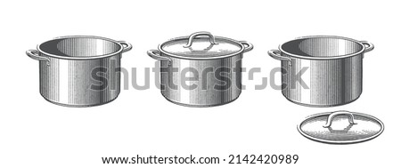 Metal saucepans with lid on it. Сookbook etching illustration. Hand drawn engraving style vector illustration.