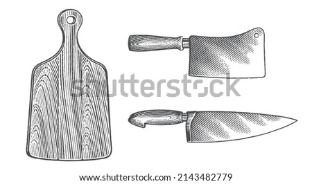Chef's knife, butcher's knife and wooden cutting board. Baking equipment. Сookbook etching. Hand drawn engraving style vector illustration.