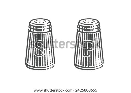 Pepper and Salt Shaker . Hand drawn engraving style illustrations. Vector illustration.