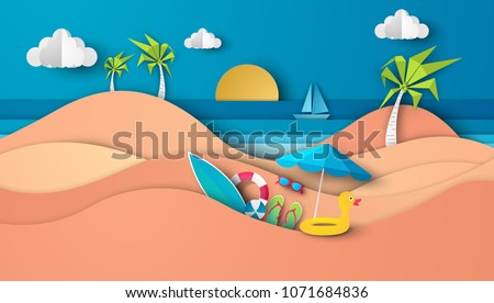 Sea view in summer with water play equipment placed on the beach. view of the blue sea. summer time. sea with beach. paper cut and craft style. vector, illustration. Stock foto © 