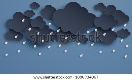 Illustration of Cloud and rain on dark background. heavy rain, rainy season, paper cut and craft style. vector, illustration.