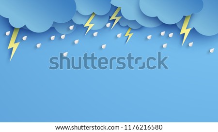 Illustration of Cloud and rain on blue background. heavy rain, rainy season, Overcast sky and lightning in the rainy season. paper cut and craft style. vector, illustration.