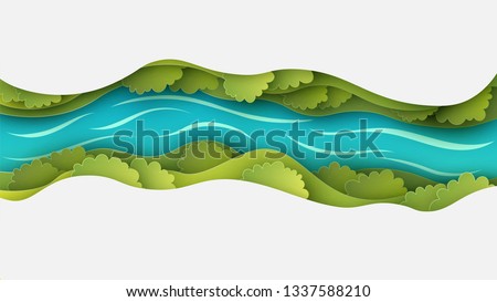 Paper layer cut of top view landscape in forest with trees, river, cloud and narrow valley. Landscape design on paper art. paper cut and craft style. vector, illustration.