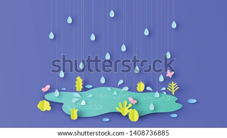 Illustration of rainy season with plants, grass, butterflies and rain drop that are around beautiful pond. paper cut and craft style. vector,illustration.