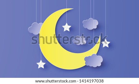 Paper art of crescent moon decorated with star and cloud hanging down from the night sky. paper cut and craft style. vector, illustration.