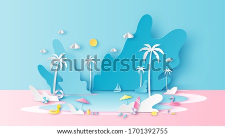 Abstract paper art of summer sea scenery with sea water splashing and beach equipment on beach. Sea landscape. Summer time. Paper cut and craft style. vector, illustration.