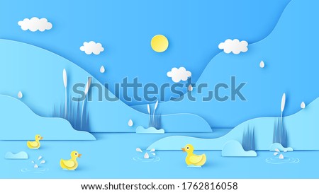 Natural scenery in Summer with drizzle and yellow ducks swimming in the river. Paper cut and craft style. vector, illustration.