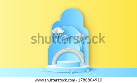 Circular stage podium for rainy season decorated with clouds, rain drops, lightning, rainbow and blank space. Rainy season backdrop. paper cut and craft style. vector, illustration.