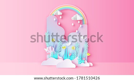 Natural garden scene design decorated with flowers, plants, grass, butterflies, raindrops and rainbow. Beautiful springtime. paper cut and craft style. vector, illustration.