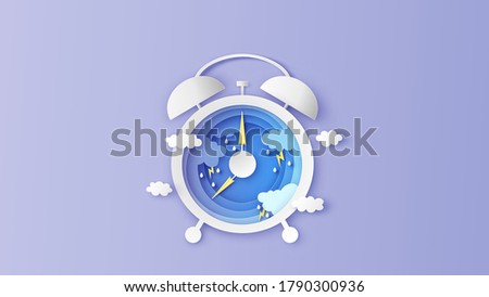 Creative design for Alarm clock in Rainy season. Graphic design for Rainy season. paper cut and craft style. vector, illustration.