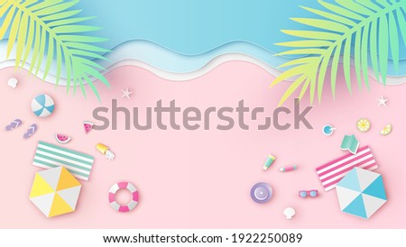 Aerial view of sea beach with beach equipment on sand beach. Aerial view of summer beach. paper cut and craft style. vector, illustration.