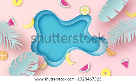 Aerial view of sea beach in summer with tropical leaves and tropical fruit on sand beach. Tropical background. paper cut and craft style. vector, illustration.