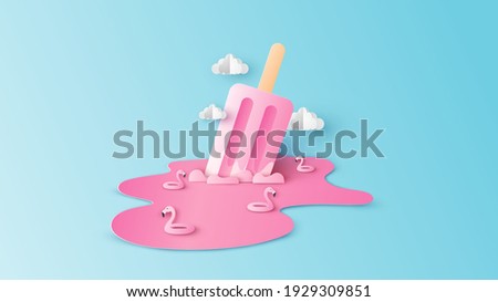 Abstract of sea in melted a pink ice cream stick with flamingo swim ring. Design a pink ice cream stick for Summer. paper cut and craft style. vector, illustration.