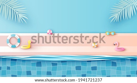 Summer poolside scene with duck swim ring, flamingo swim ring, ball beach and sunglasses. Swimming pool stage podium scene. paper cut and craft style. vector, illustration.