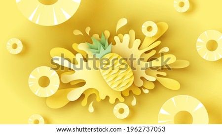 Pineapple dropped on the yellow water surface with pineapple slices and water splash around. Pineapple juice splash.