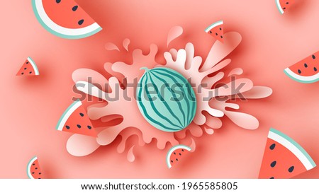 Watermelon dropped on the red water surface with watermelon slices and water splash around. Watermelon juice splash. paper cut and craft style. vector, illustration.