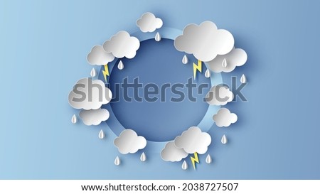 Illustration of rainy season sky in circle shape frame decorated with clouds, raindrop, lightning. Rainy season circle frame with blank space. paper cut and craft style. vector, illustration.