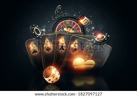 Creative poker template, background design with golden playing cards and poker chips on a dark background. Casino concept, gambling, header for the site. Copy space, 3D illustration, 3D render