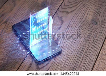 Online voting, Smartphone as a box for Internet voting and e-ballot in the form of a hologram with a check mark. Electronic voting technology concept