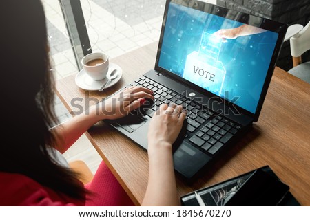 Online voting, hologram ballot and Internet voting box in laptop. Mixed environment, e-voting technology concept, internet elections