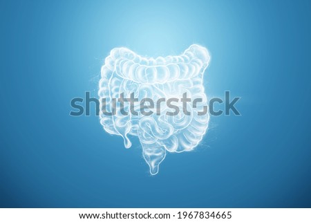Intestines hologram on a blue background. Constipation concept, bowel disorder, body scan, digital x-ray, abdominal organs. 3D illustration, 3D render 商業照片 © 