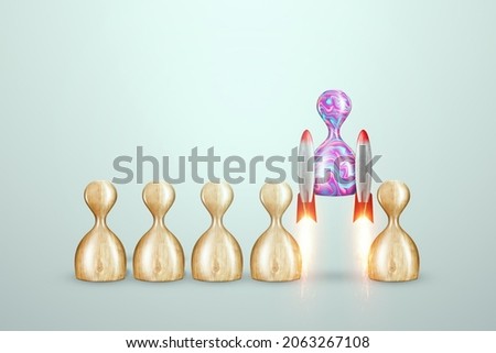 Uniqueness, among the wooden pawns, a multi-colored pawn takes off on a rocket. Competitive advantage, standing out from the crowd, thinking outside the box, a leader. 3D render, 3D illustration Photo stock © 