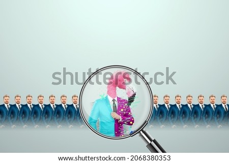 Uniqueness creative background, among the crowd of businessmen multicolored freak flamingo. Competitive advantage, standing out from the crowd, thinking outside the box, a leader Photo stock © 