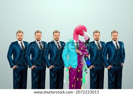 Uniqueness creative background, among the crowd of businessmen multicolored freak flamingo. Competitive advantage, standing out from the crowd, thinking outside the box, a leader Photo stock © 