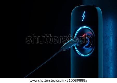 Charging station for an electric car on a dark background. Power station, neon, green technology, future, copy space. 3D rendering, 3D illustration. Stockfoto © 